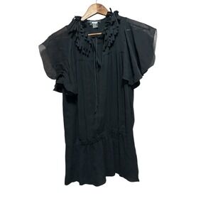Etcetera Silk Dress‎ Black Ruffle Neckline Sheer Sleeve Women's
